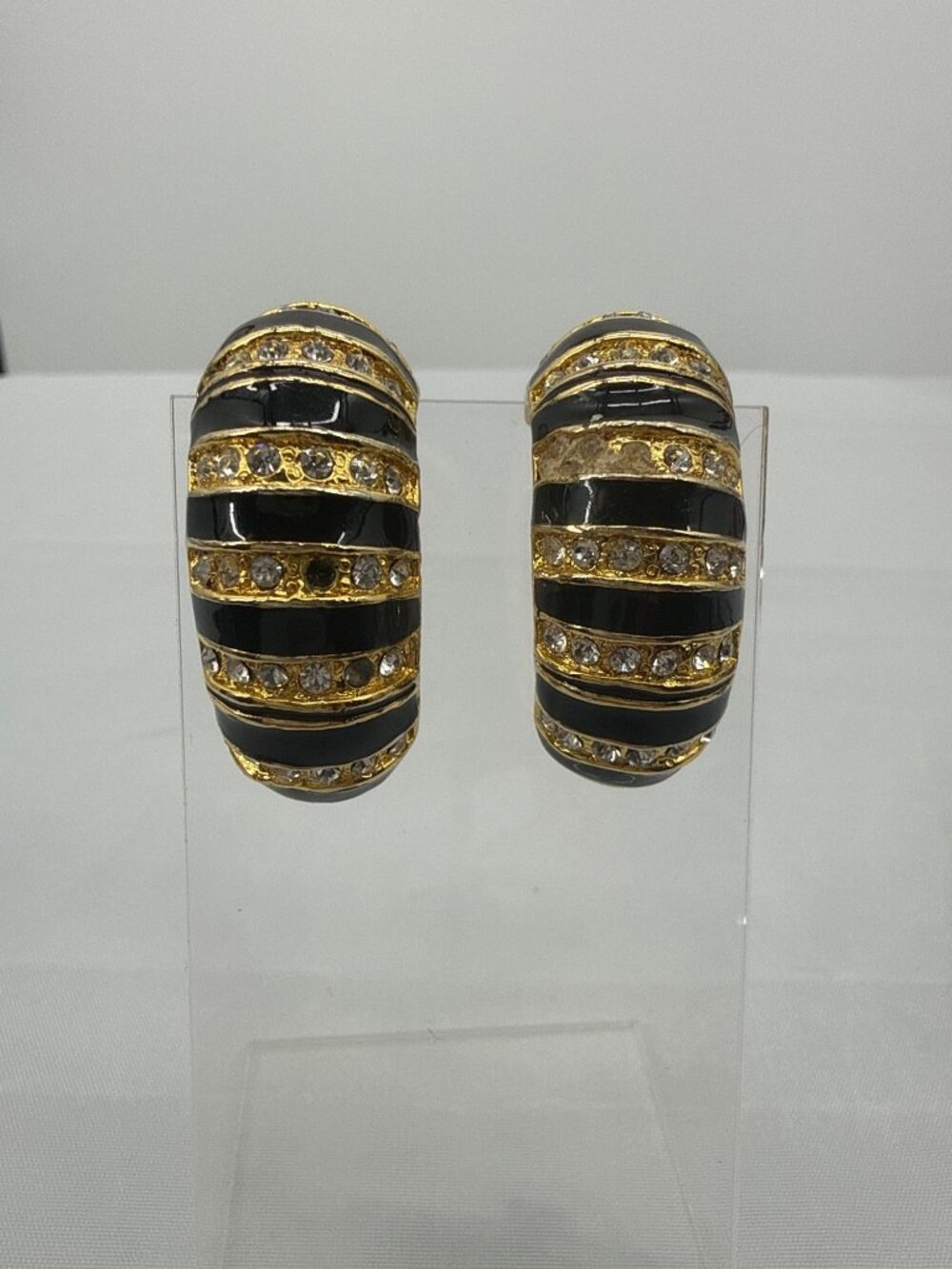 VTG  80s Black Enamel Crystal Domed Clip On Earrings